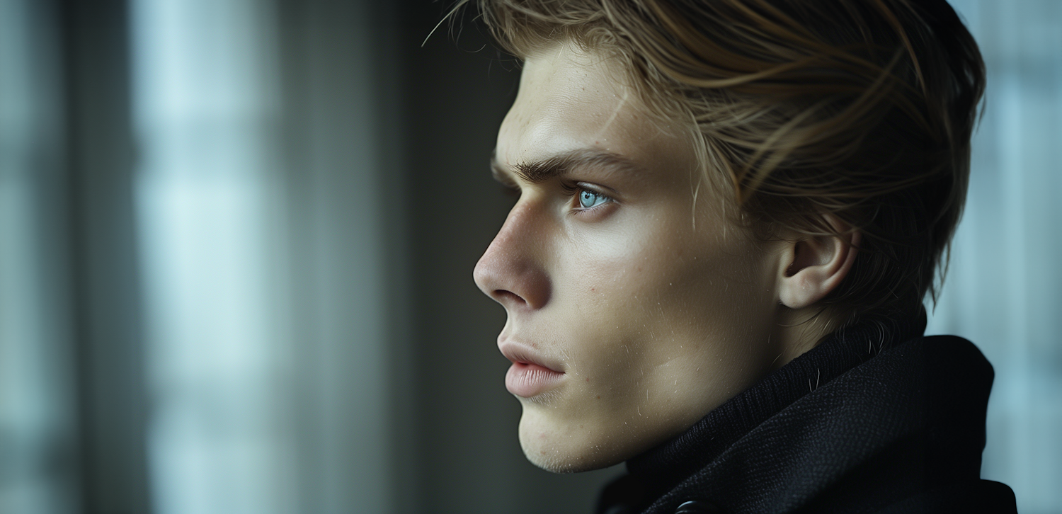 Pensive Young Man with Blue Eyes