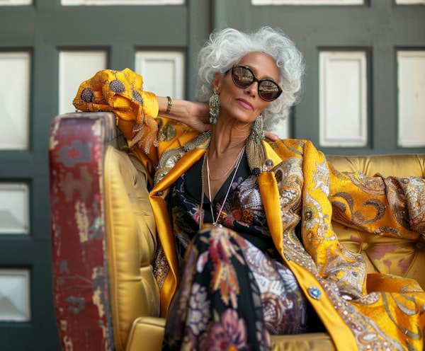 Elegant Elderly Woman on Velvet Couch