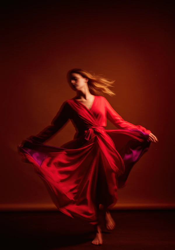 Woman in Flowing Red Dress