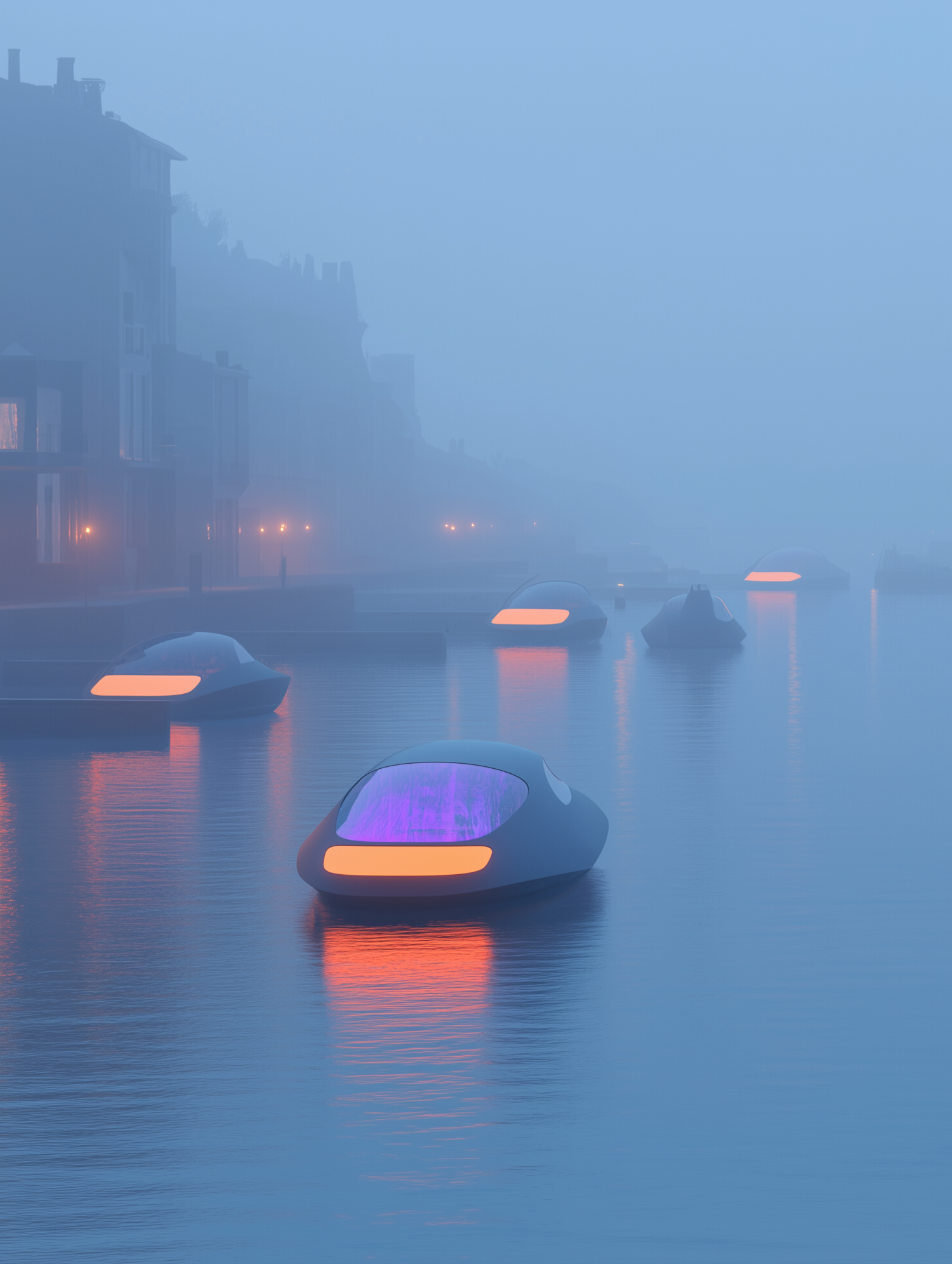 Futuristic Waterway with Glowing Boats