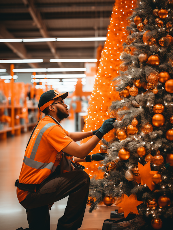 Worker Adjusting Festive Christmas Tree Decorations