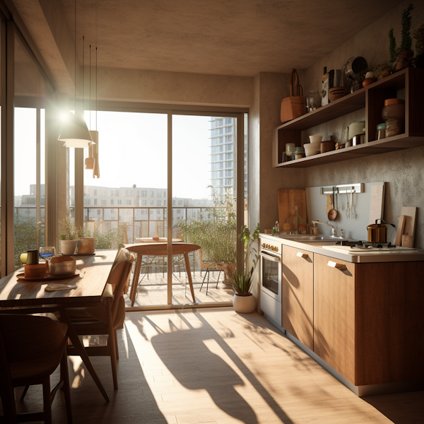 Modern Kitchen and Dining Area with Cityscape View