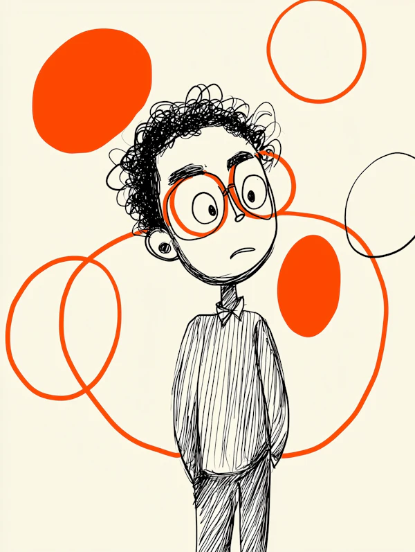 Cartoon Person with Curly Hair and Glasses