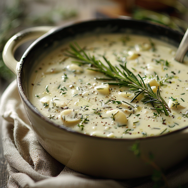 Creamy Herb-Garnished Soup in Rustic Pot