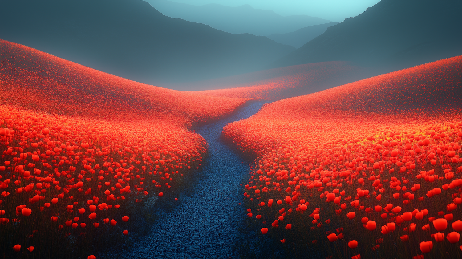 Valley of Red Flowers and Blue Pathway