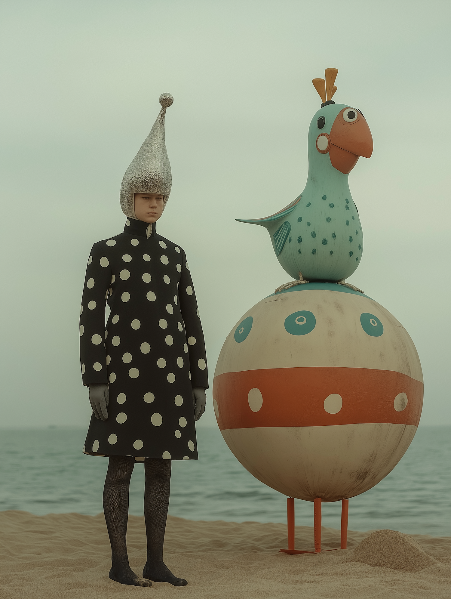 Surreal Beach Scene with Avant-garde Attire and Whimsical Bird Sculpture