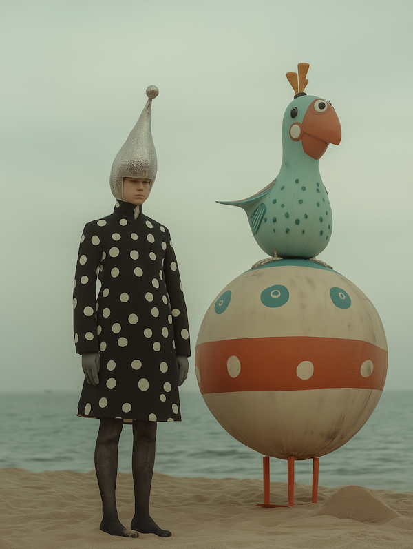 Surreal Beach Scene with Avant-garde Attire and Whimsical Bird Sculpture