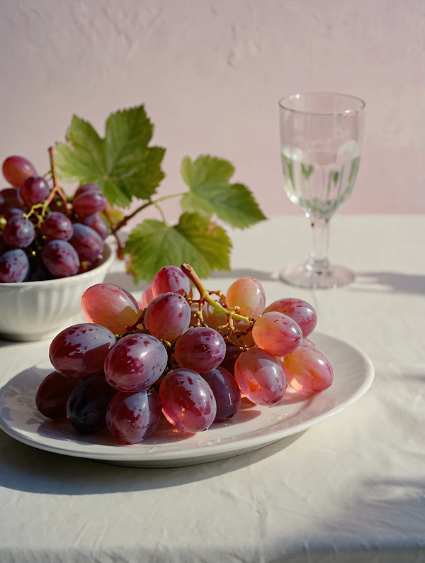 Grapes on Plate with Glass of Water