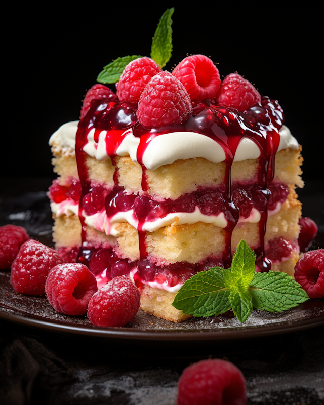 Golden Layer Cake with Raspberry Sauce and Fresh Garnish