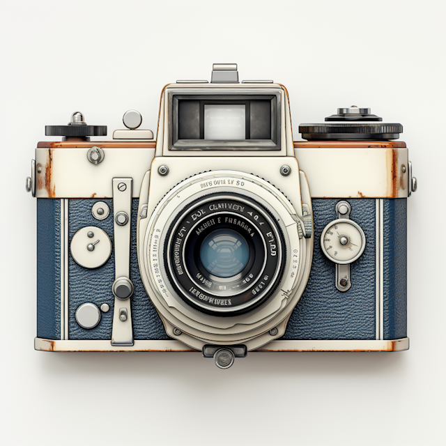 Vintage Twin-Lens Reflex Camera with Creamy White, Navy Blue, and Rust Accents