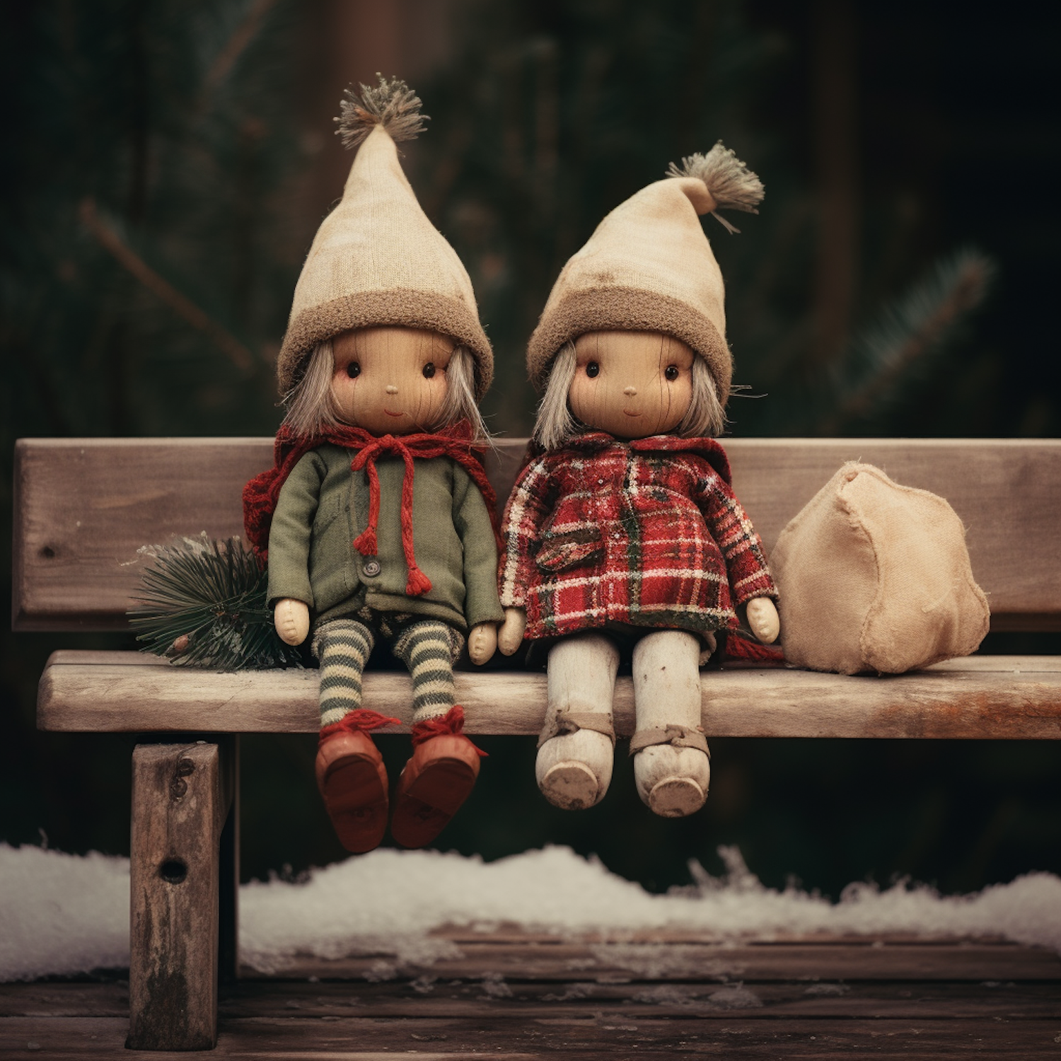Festive Winter Companions on a Bench