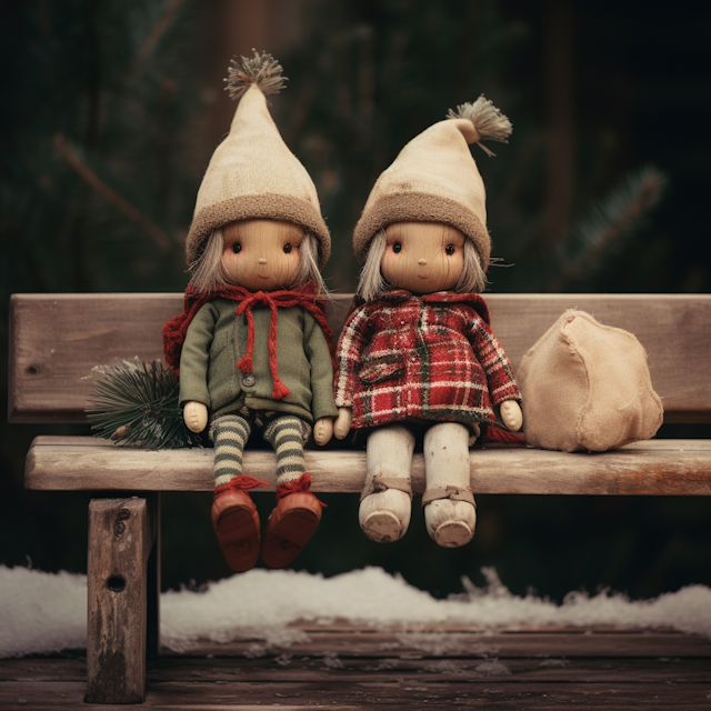 Festive Winter Companions on a Bench