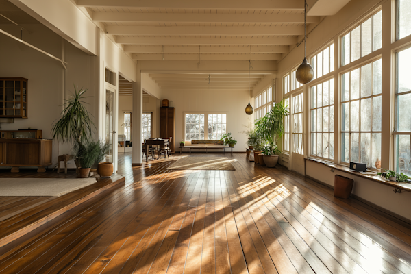 Sunlit Serenity: A Spacious Room with Golden Light and Greenery