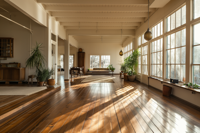 Sunlit Serenity: A Spacious Room with Golden Light and Greenery