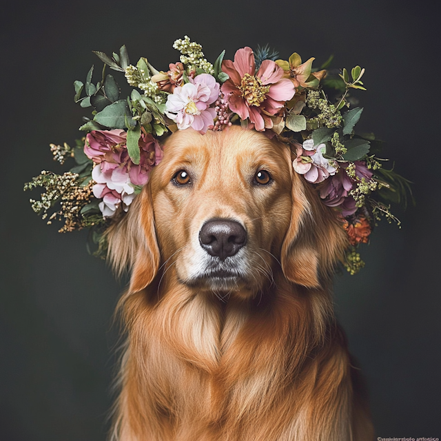 Golden Retriever with Floral Crown