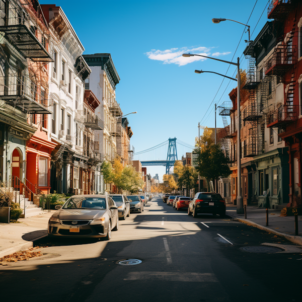 Autumnal Day on Historic Urban Street with Suspension Bridge View