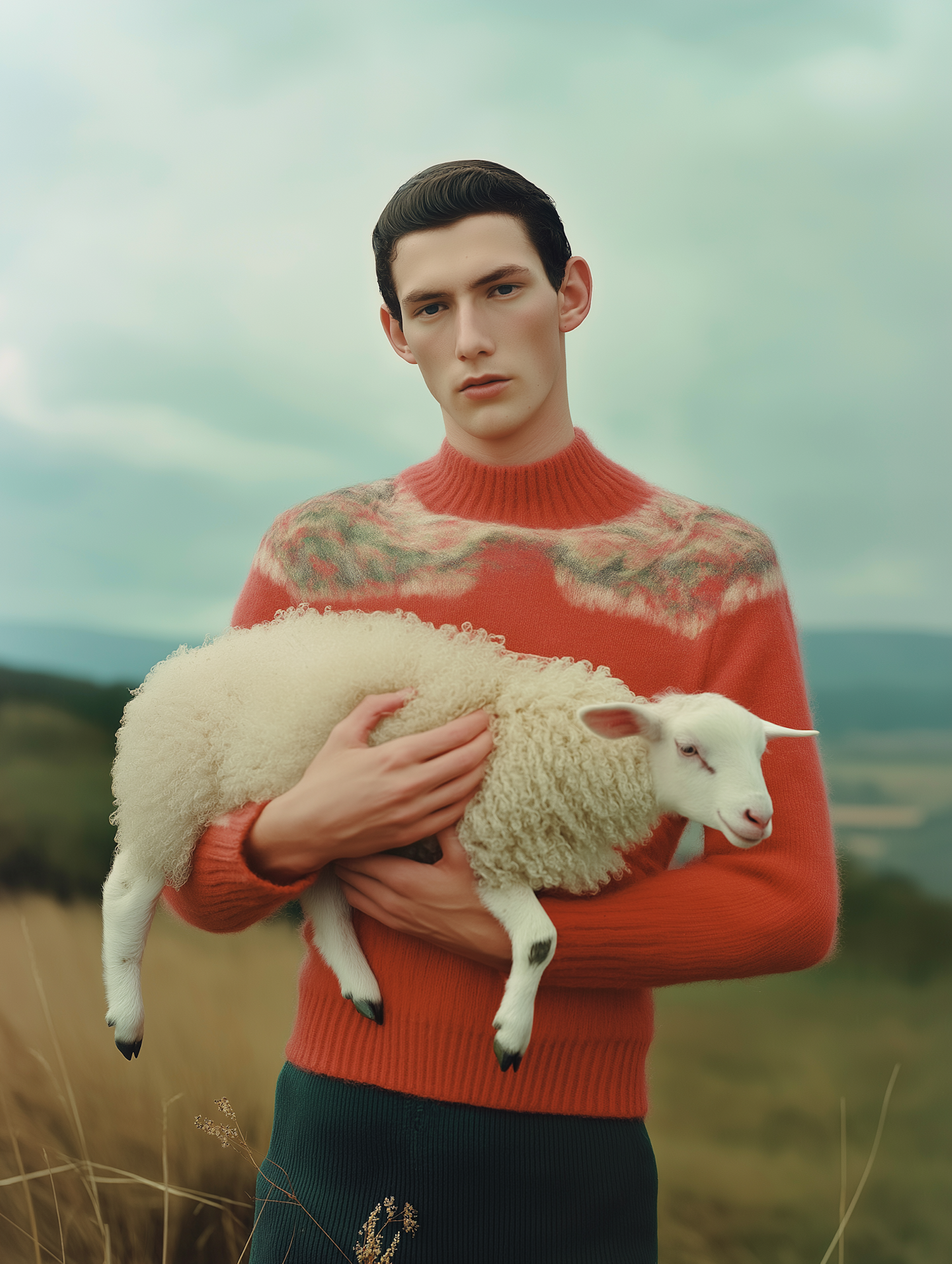 Man Holding Sheep Outdoors