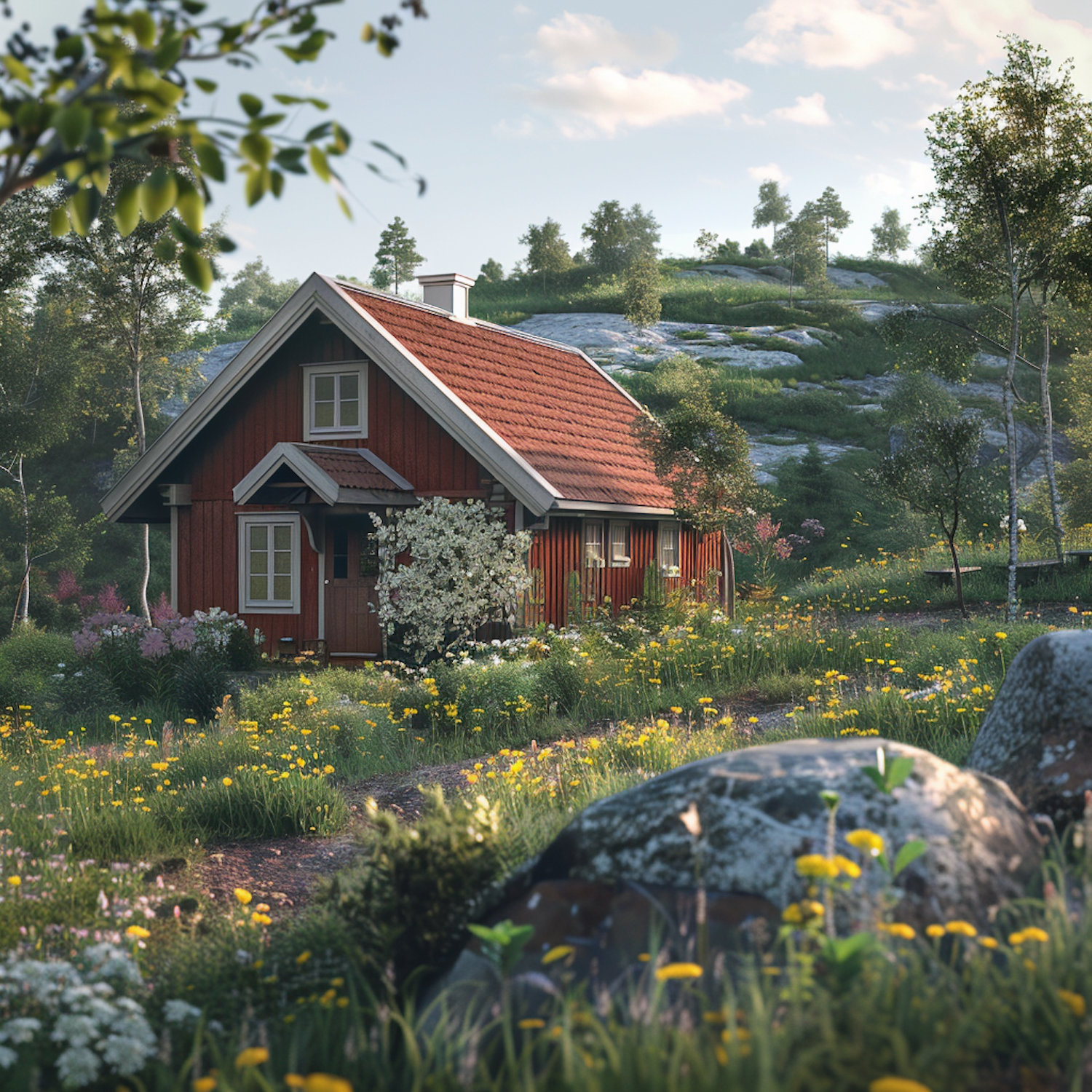 Red Wooden Cottage in Lush Landscape