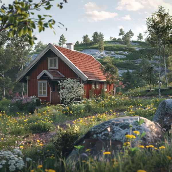 Red Wooden Cottage in Lush Landscape