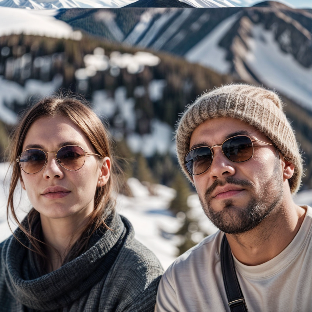 Two Friends in Winter Attire Against a Mountain Backdrop