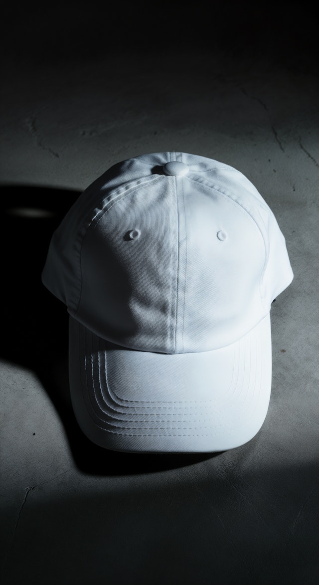 White Baseball Cap on Textured Surface