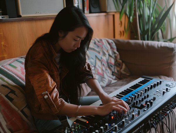 Asian Woman with Modular Synthesizer