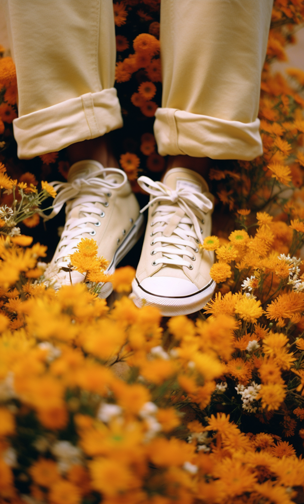 Crisp White High-Tops on a Bed of Sunshine Flowers