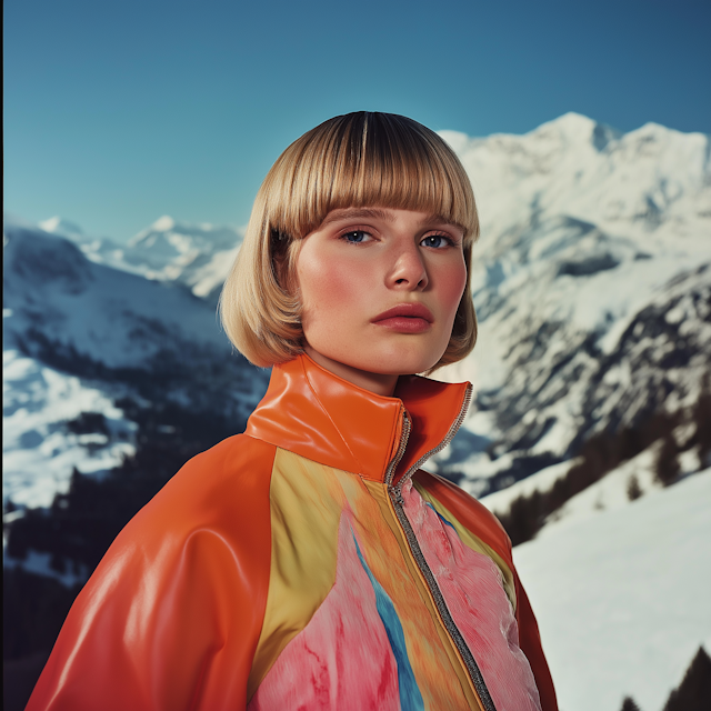 Person in Vibrant Jacket Against Snowy Mountains