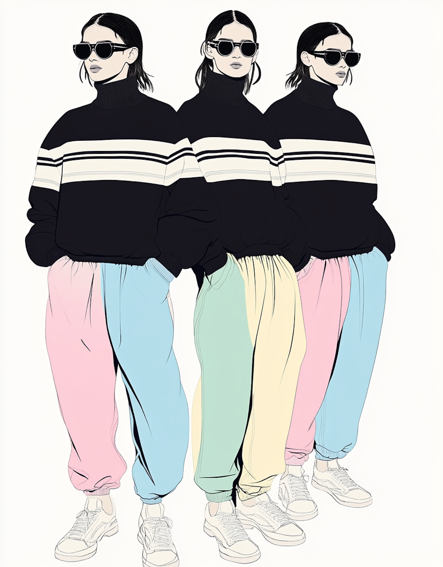 Three Identical Figures in Striped Turtlenecks