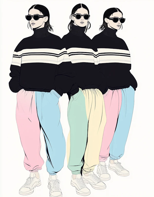 Three Identical Figures in Striped Turtlenecks