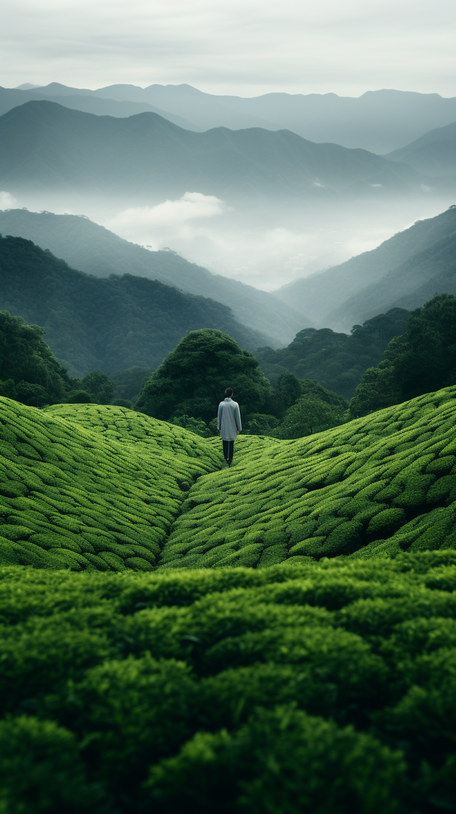Contemplative Figure amid Misty Green Tea Terraces