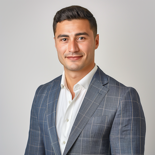 Confident Businessman in Blue Plaid Suit