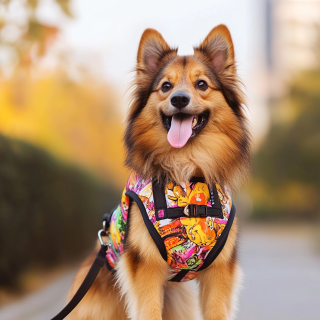 Joyful Dog in Colorful Harness