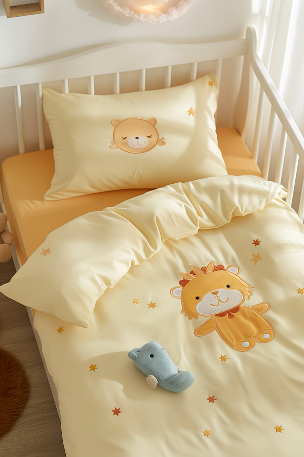 Child's Bed with Embroidered Linens and Toy