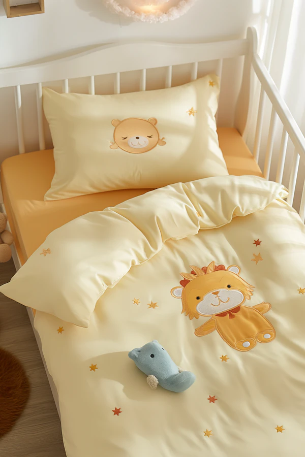 Child's Bed with Embroidered Linens and Toy