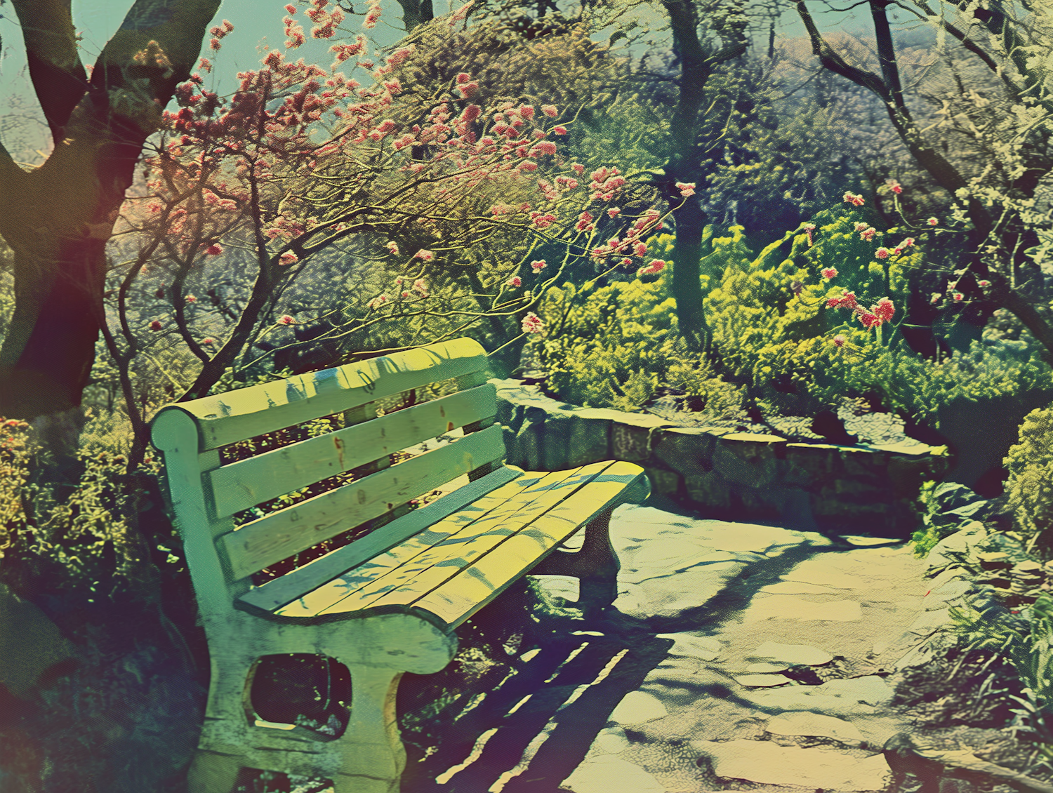 Serene Garden with Yellow Bench