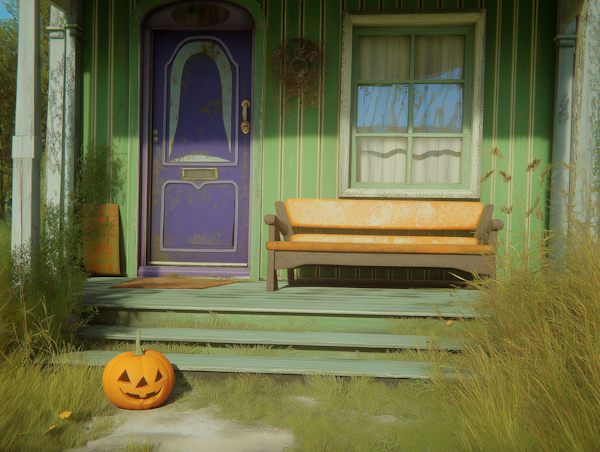 Front Porch with Purple Door and Halloween Decor