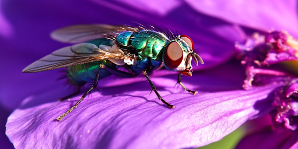 Vibrant Green Fly on Purple Flower