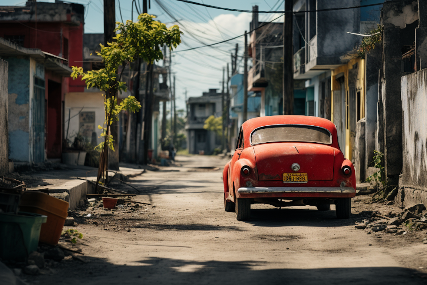 Vintage Red Car in a Time-Worn Street