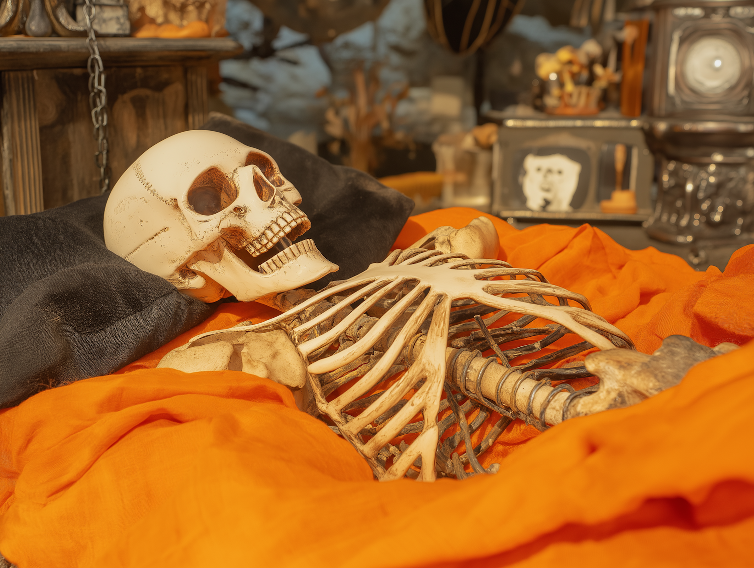 Skeleton on Orange Fabric