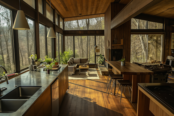 Modern Woodland Retreat Kitchen and Living Space