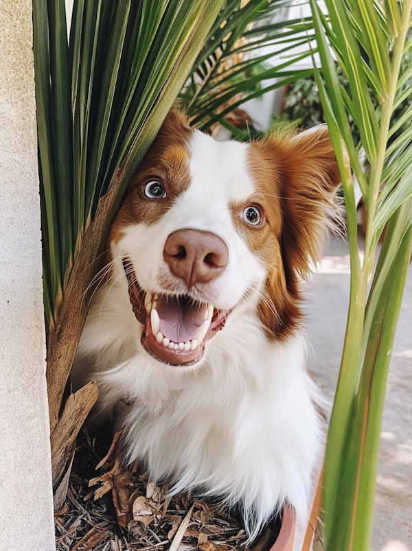 Playful Australian Shepherd in Palm Leaves