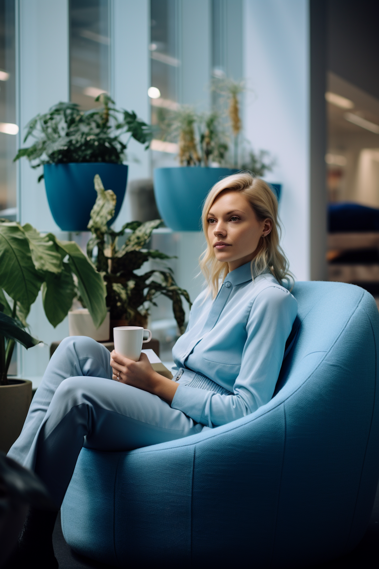 Serenity in Blue: Contemplative Woman in Modern Corporate Setting