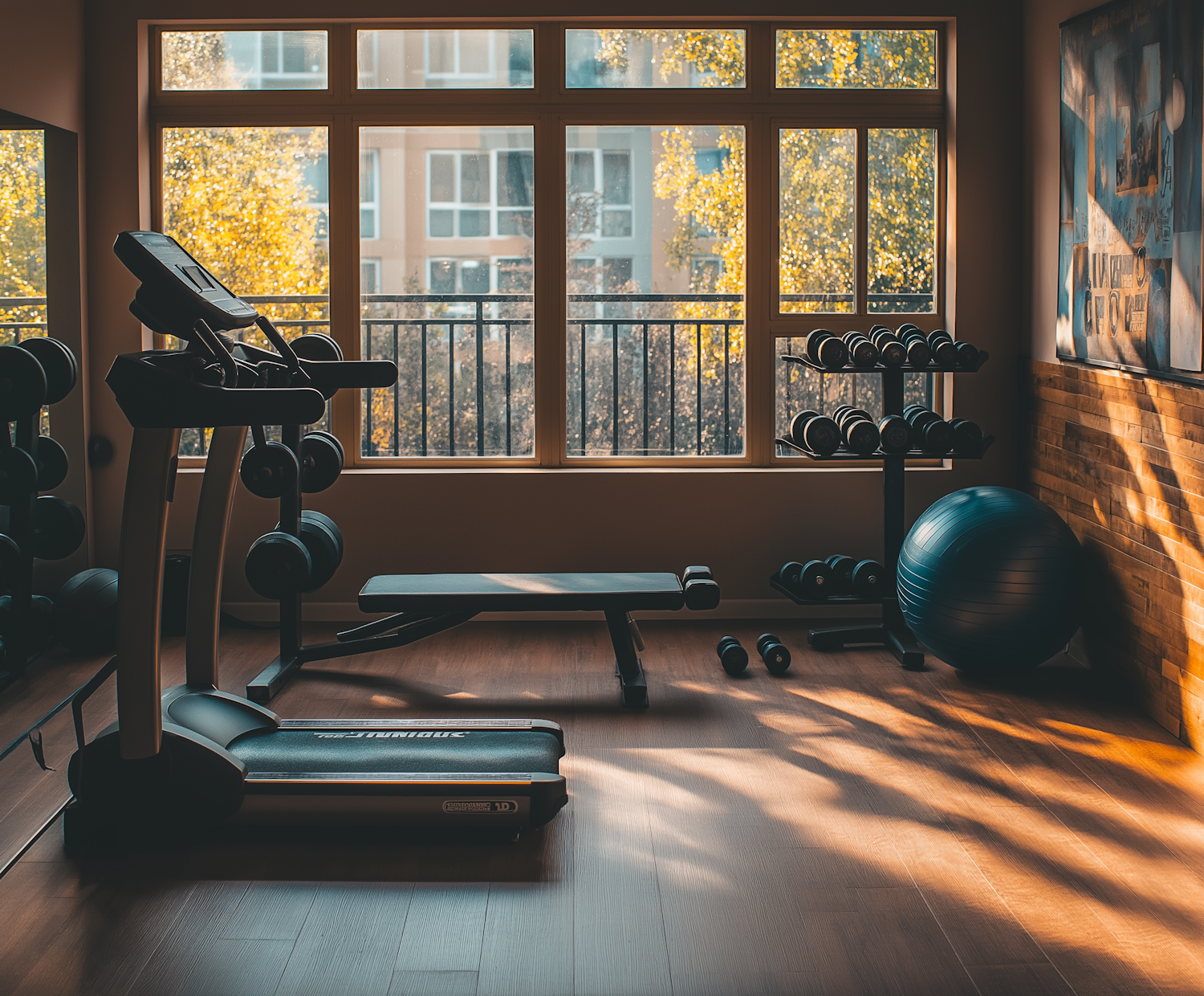 Serene Home Gym with Autumn View