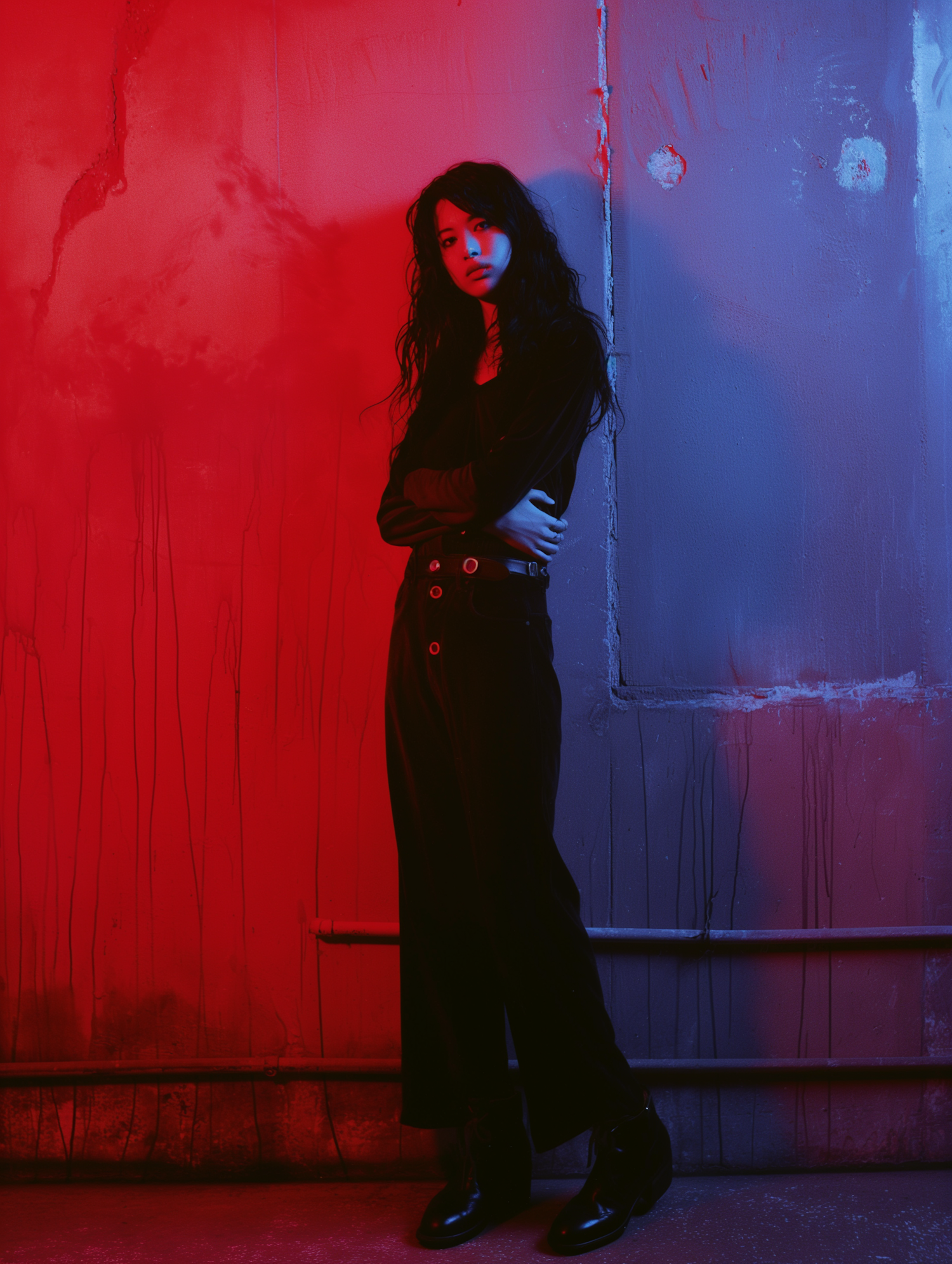 Moody Portrait of Woman Against Red and Blue Wall