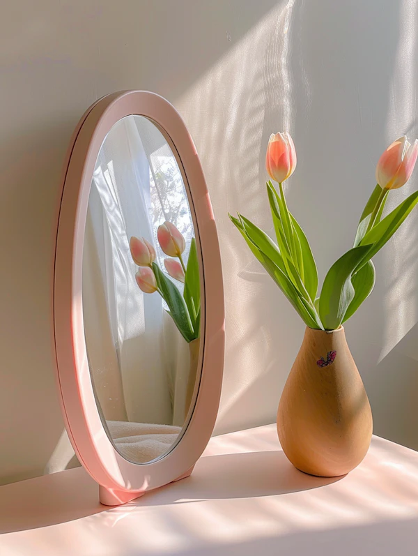 Pastel Pink Mirror with Pink Tulips