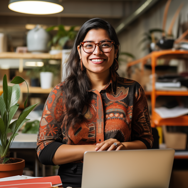 Engaging Professional Woman at Her Warmly Lit Home Office