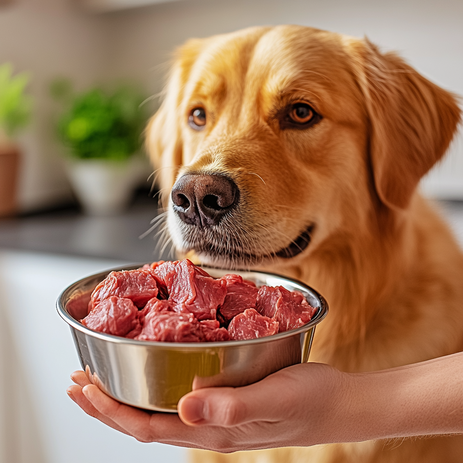 Golden Retriever with Raw Meat