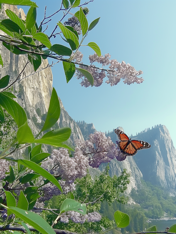 Serene Nature with Butterfly and Mountainous Landscape