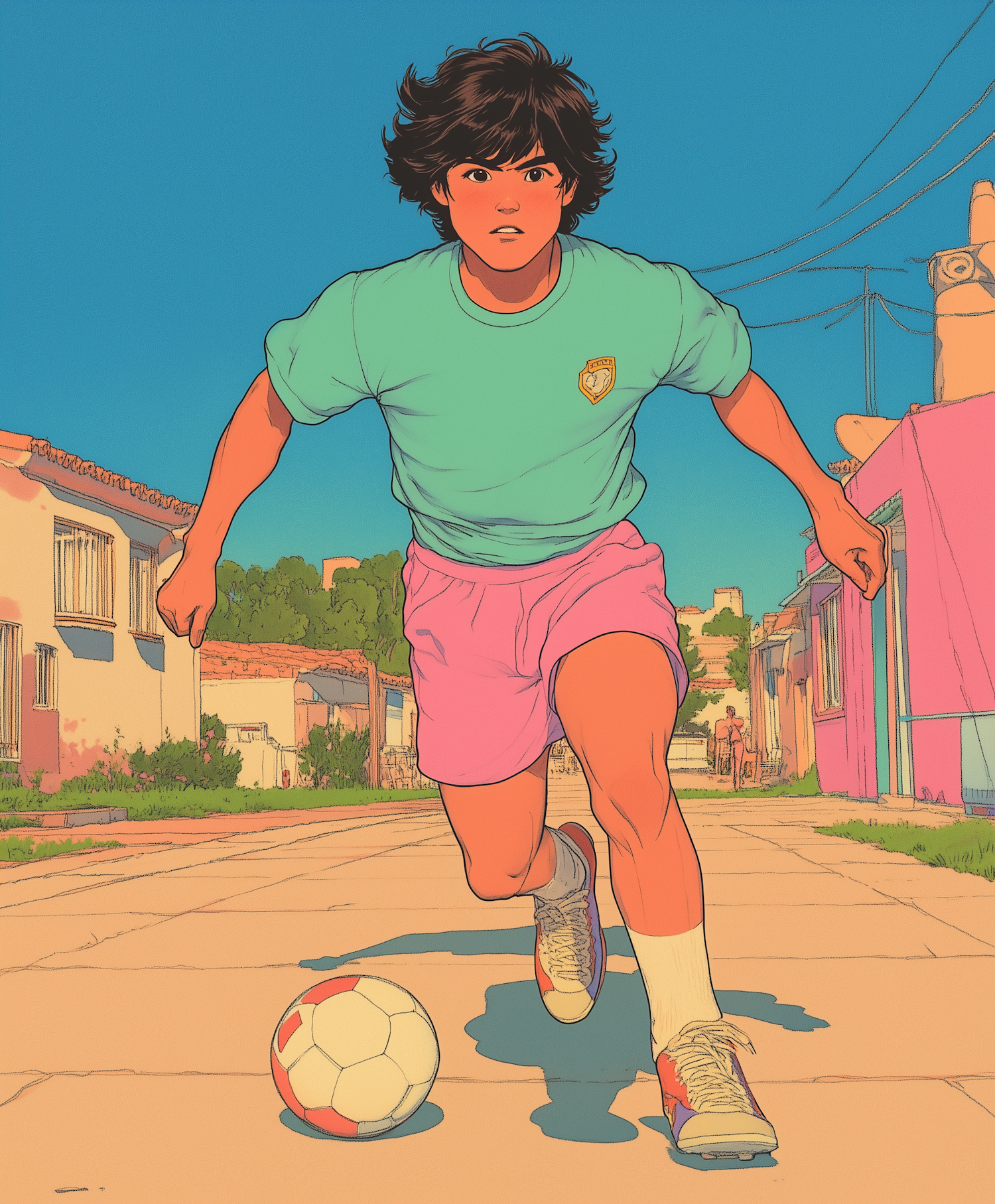 Young Person Playing Soccer in Vibrant Neighborhood